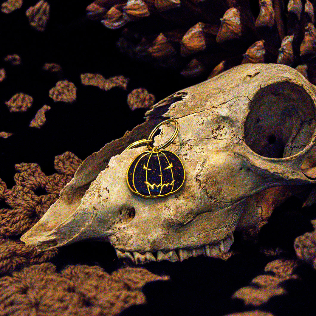 A pumpkin shaped resin tag displayed on a skull